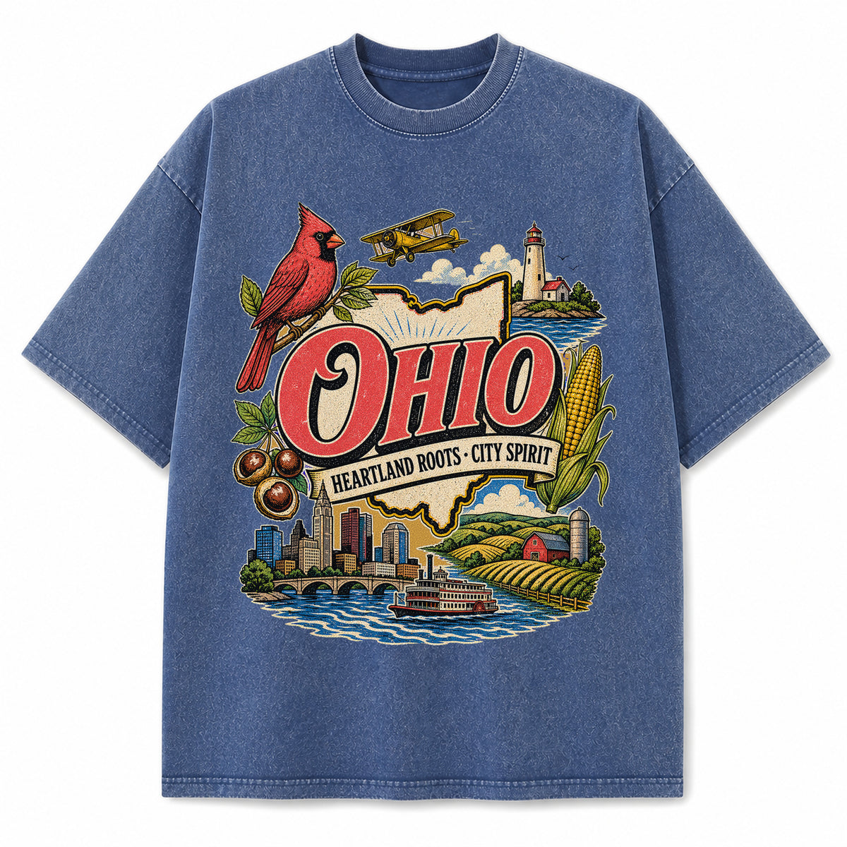 Colorful Ohio State Collage Washed Vintage T-Shirt in Blue, front view on a white background