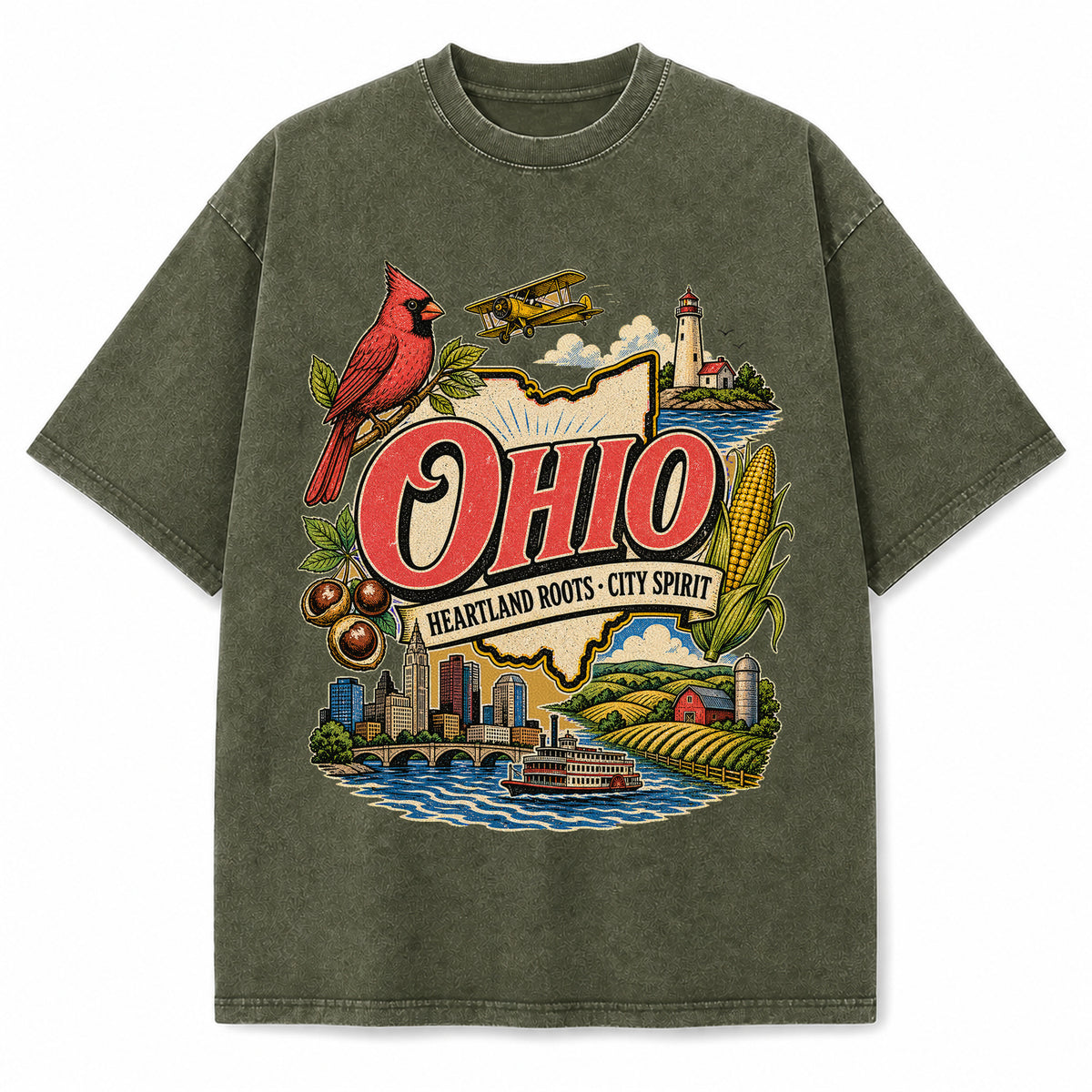 Colorful Ohio State Collage Washed Vintage T-Shirt in Military Green, front view on a white background