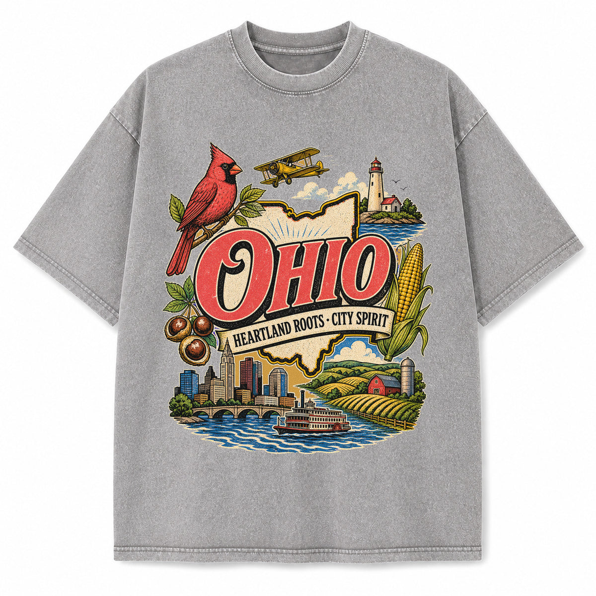 Colorful Ohio State Collage Washed Vintage T-Shirt in Light Gray, front view on a white background
