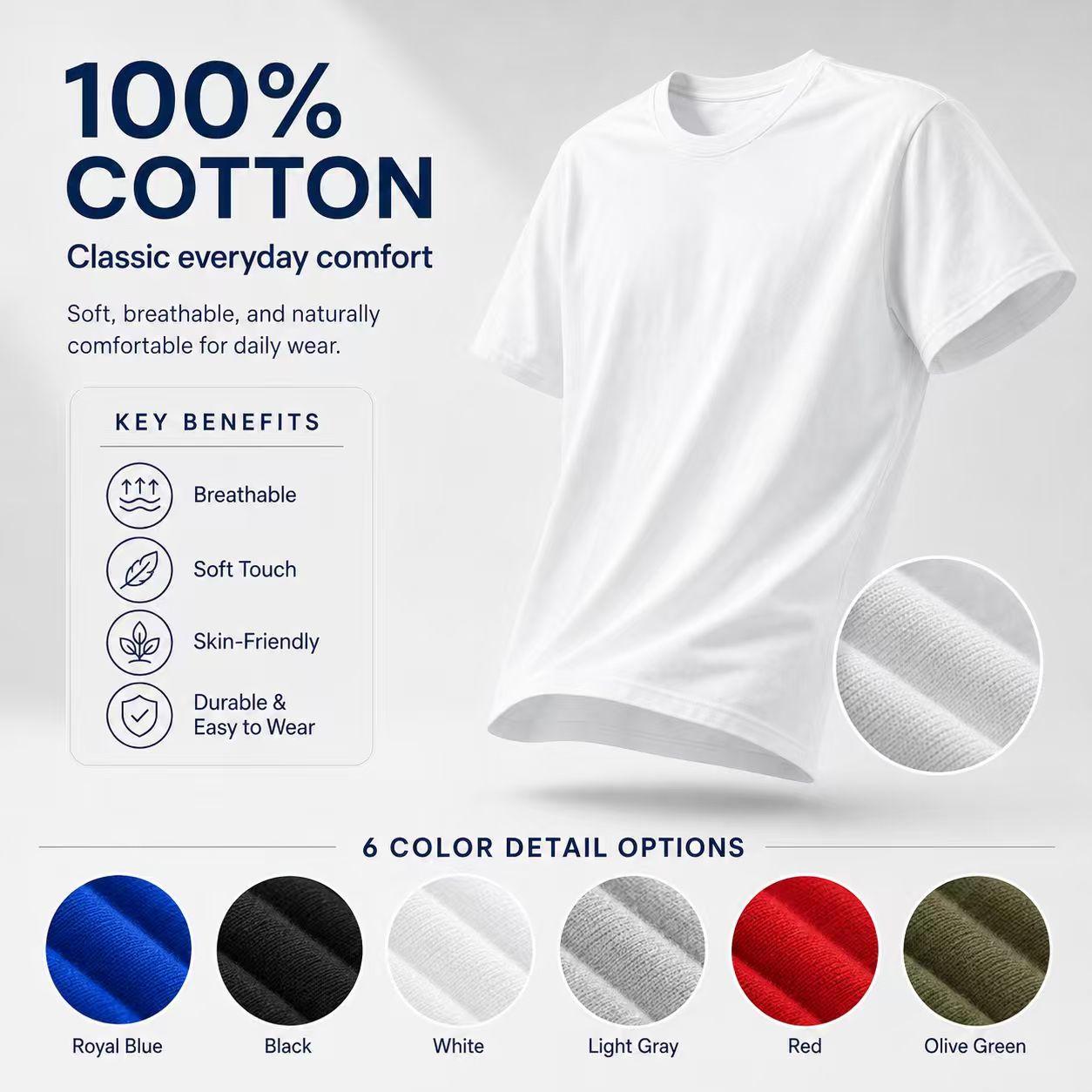 100 percent cotton T-shirt fabric and 6 color options