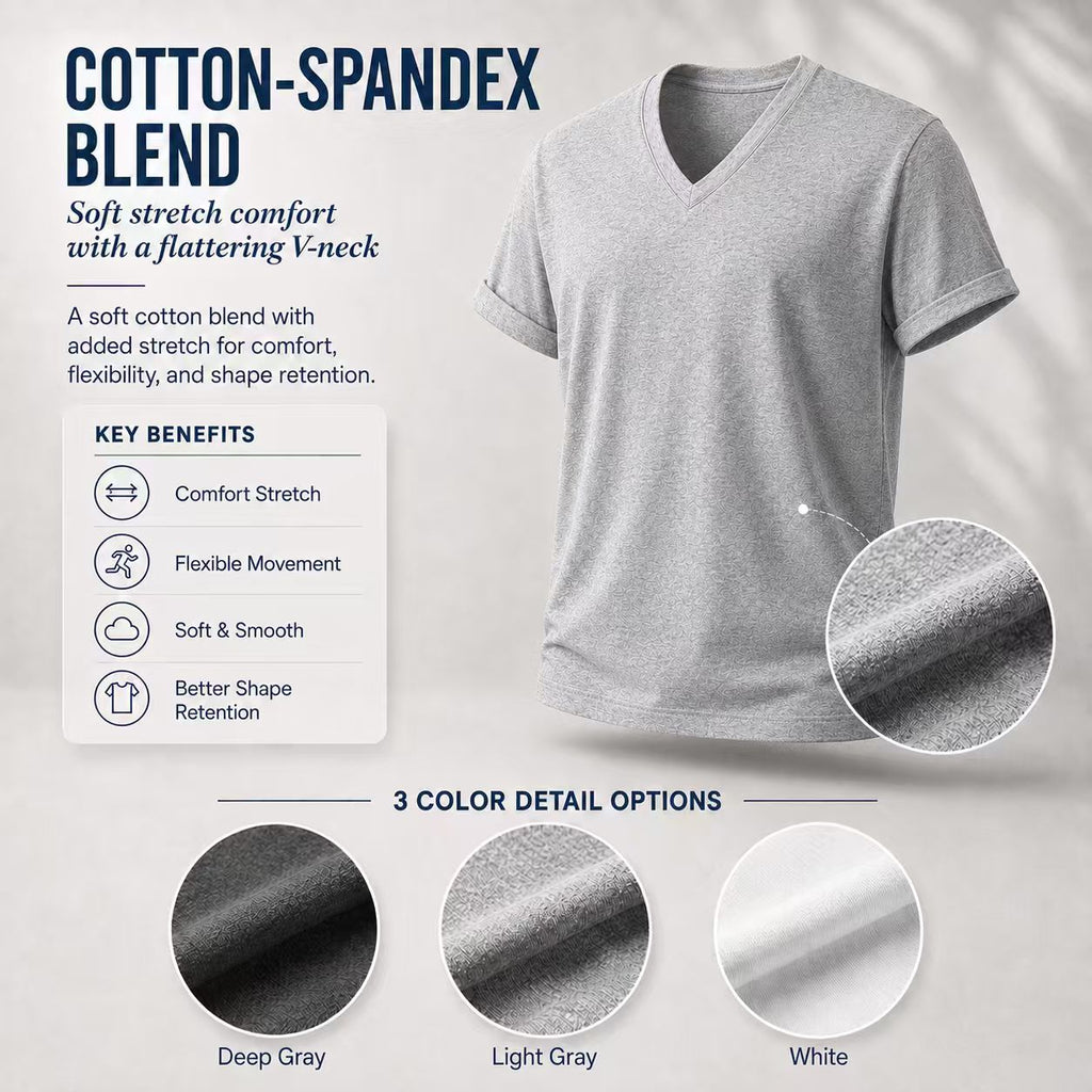 Cotton-spandex V-neck T-shirt fabric and 3 color options