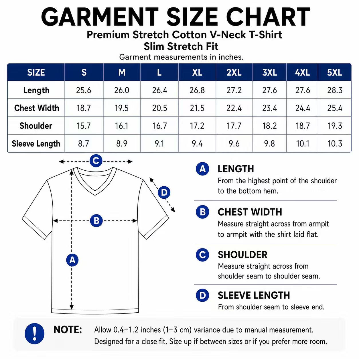 Cotton-spandex V-neck T-shirt size chart S to 5XL