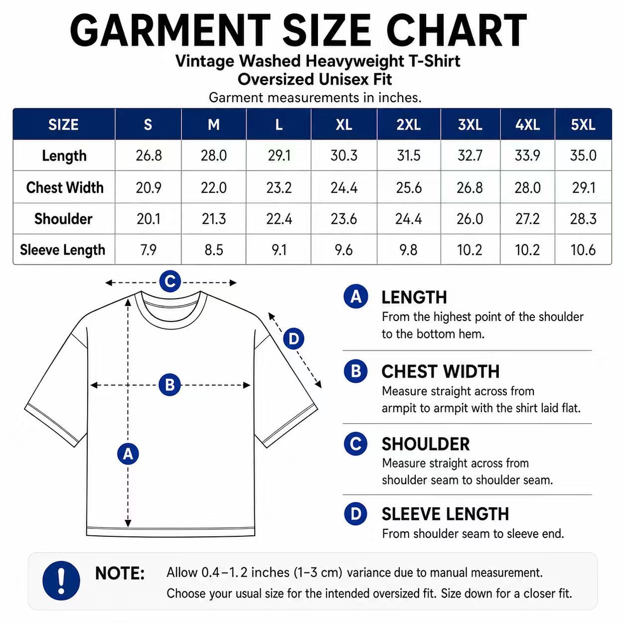 Vintage washed heavyweight T-shirt size chart S to 5XL
