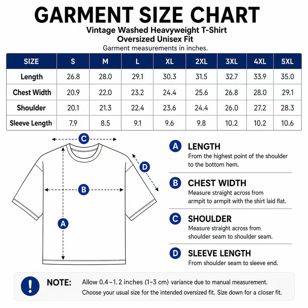 Vintage washed heavyweight T-shirt size chart S to 5XL