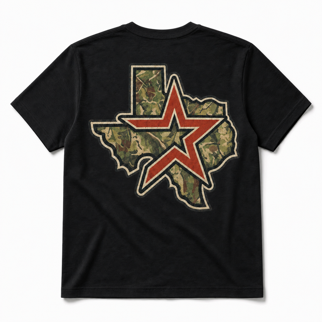 Vintage Washed Houston Camo Double-Sided Heavyweight Graphic Tee in 100% Cotton T-Shirt, Black, back view