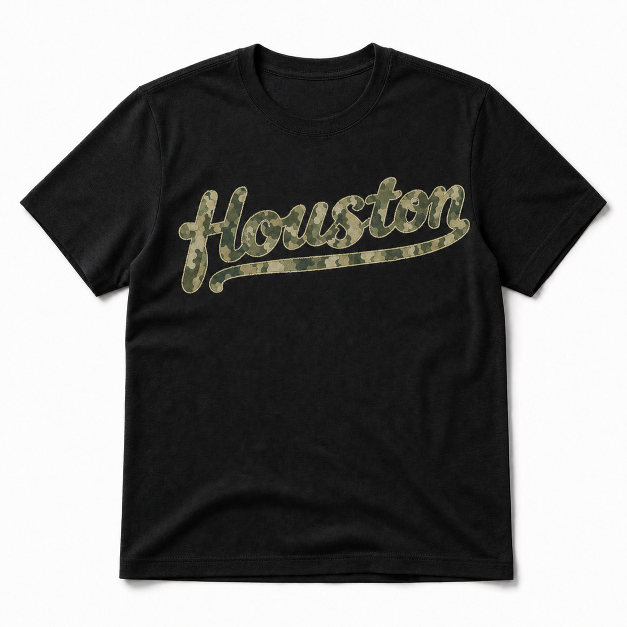Vintage Washed Houston Camo Double-Sided Heavyweight Graphic Tee in 100% Cotton T-Shirt, Black, front view
