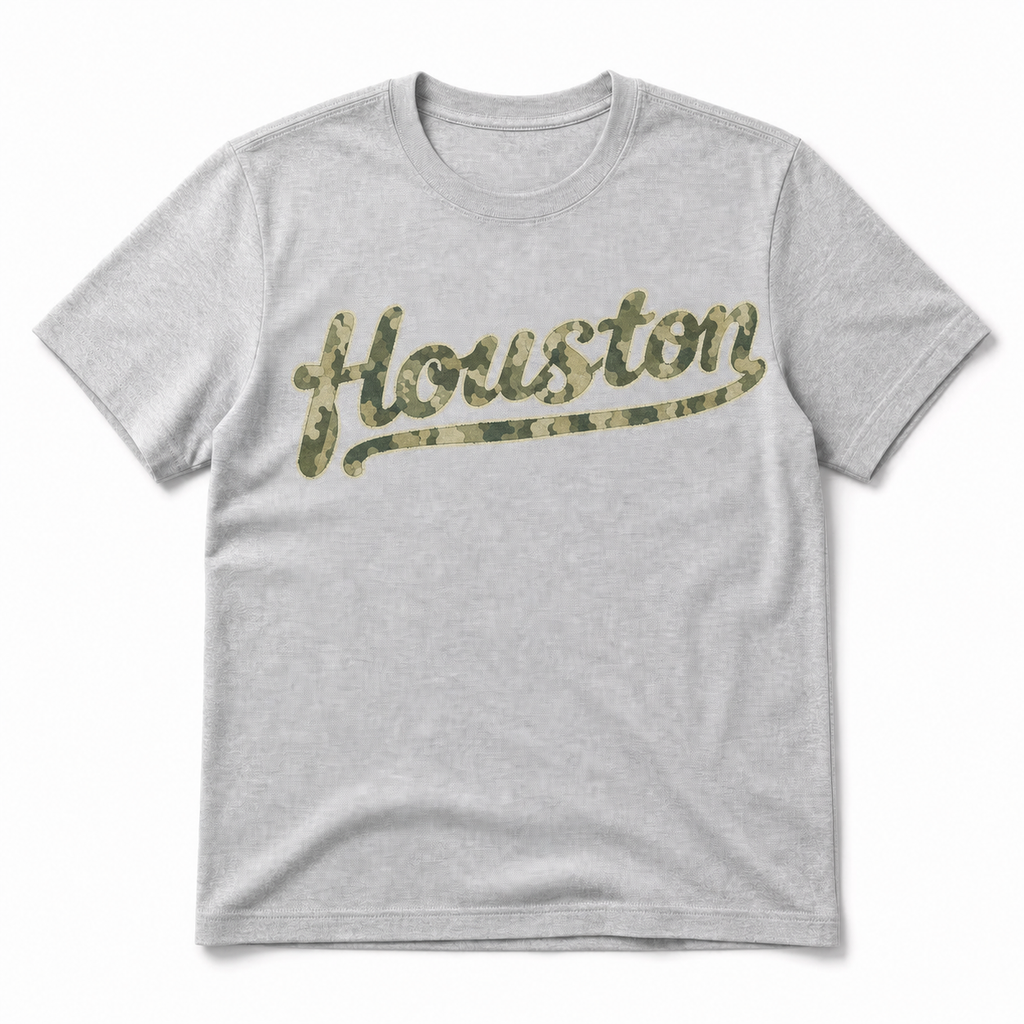 Vintage Washed Houston Camo Double-Sided Heavyweight Graphic Tee in 100% Cotton T-Shirt, Light Gray, front view