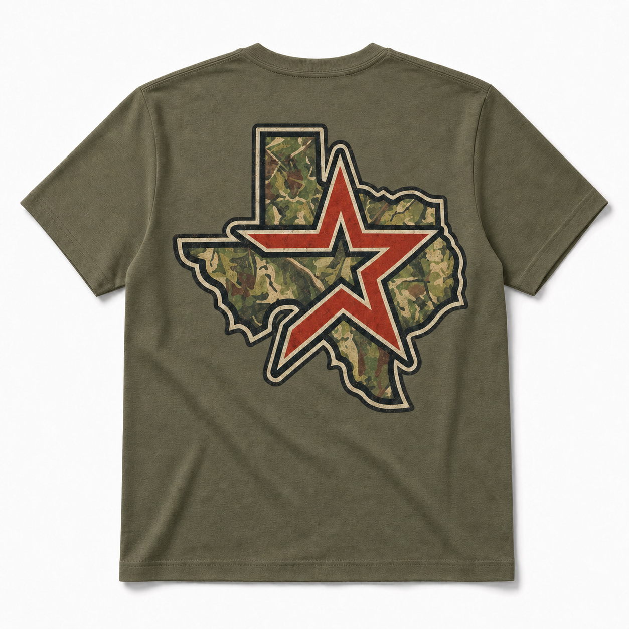 Vintage Washed Houston Camo Double-Sided Heavyweight Graphic Tee in 100% Cotton T-Shirt, Olive Green, back view