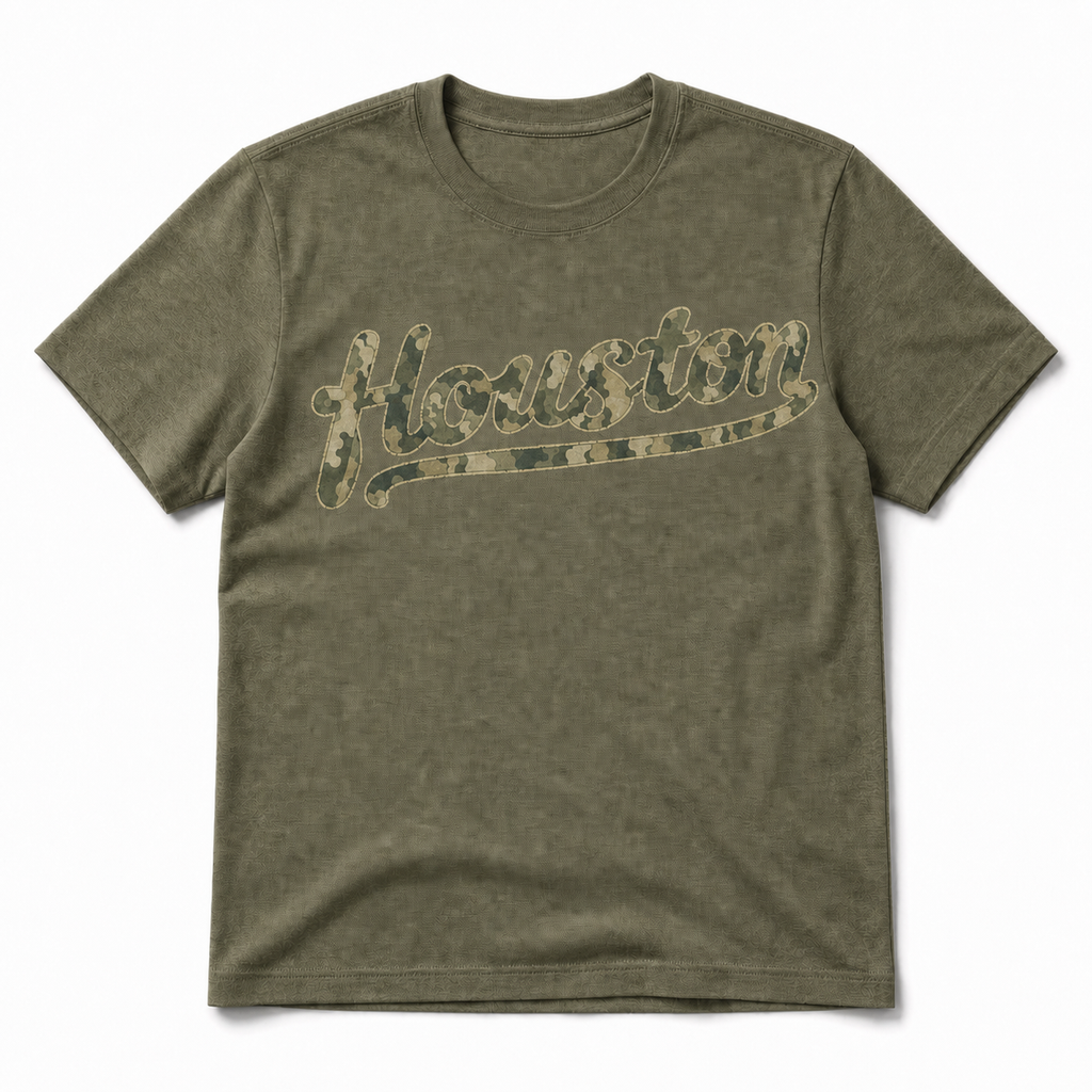 Vintage Washed Houston Camo Double-Sided Heavyweight Graphic Tee in 100% Cotton T-Shirt, Olive Green, front view