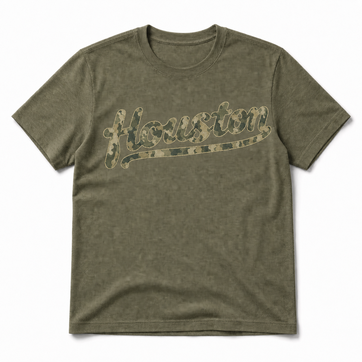 Vintage Washed Houston Camo Double-Sided Heavyweight Graphic Tee in 100% Cotton T-Shirt, Olive Green, front view