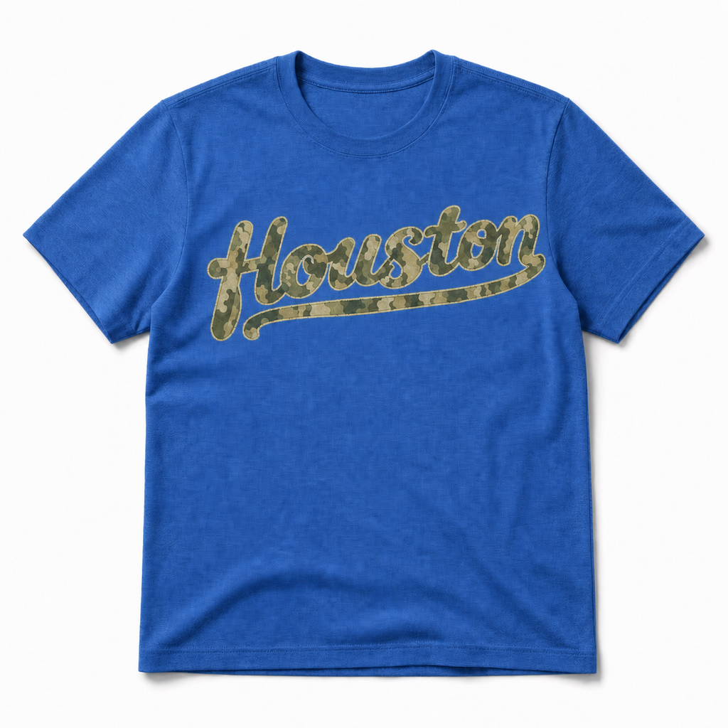 Vintage Washed Houston Camo Double-Sided Heavyweight Graphic Tee in 100% Cotton T-Shirt, Royal Blue, front view