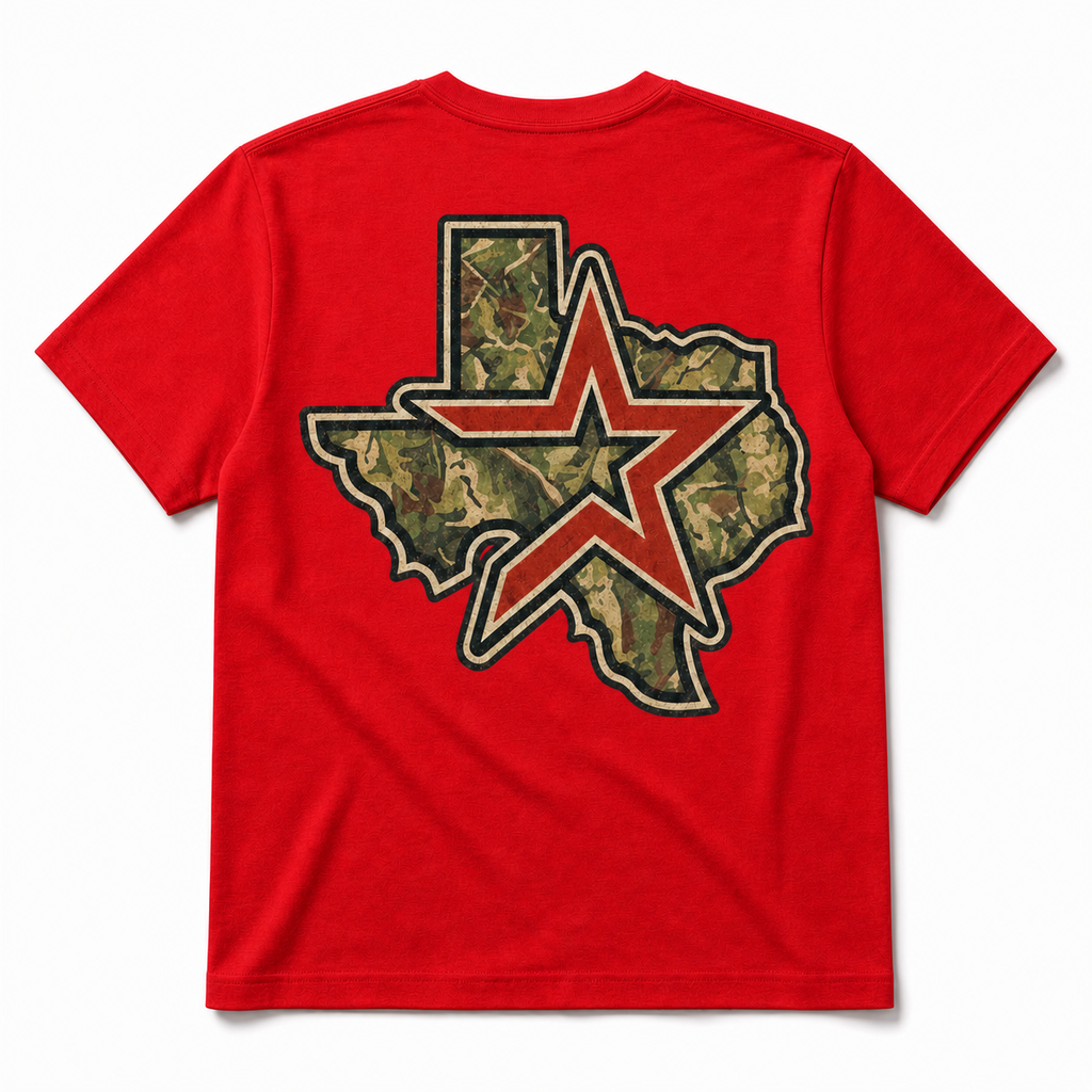 Vintage Washed Houston Camo Double-Sided Heavyweight Graphic Tee in 100% Cotton T-Shirt, Red, back view