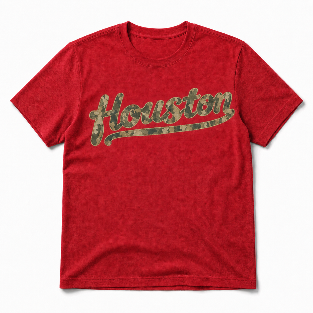 Vintage Washed Houston Camo Double-Sided Heavyweight Graphic Tee in 100% Cotton T-Shirt, Red, front view