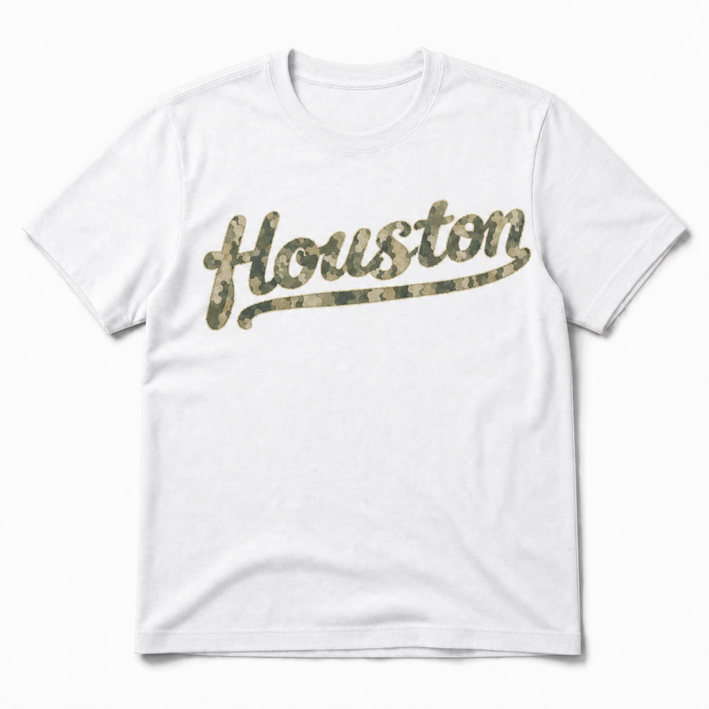 Vintage Washed Houston Camo Double-Sided Heavyweight Graphic Tee in 100% Cotton T-Shirt, White, front view