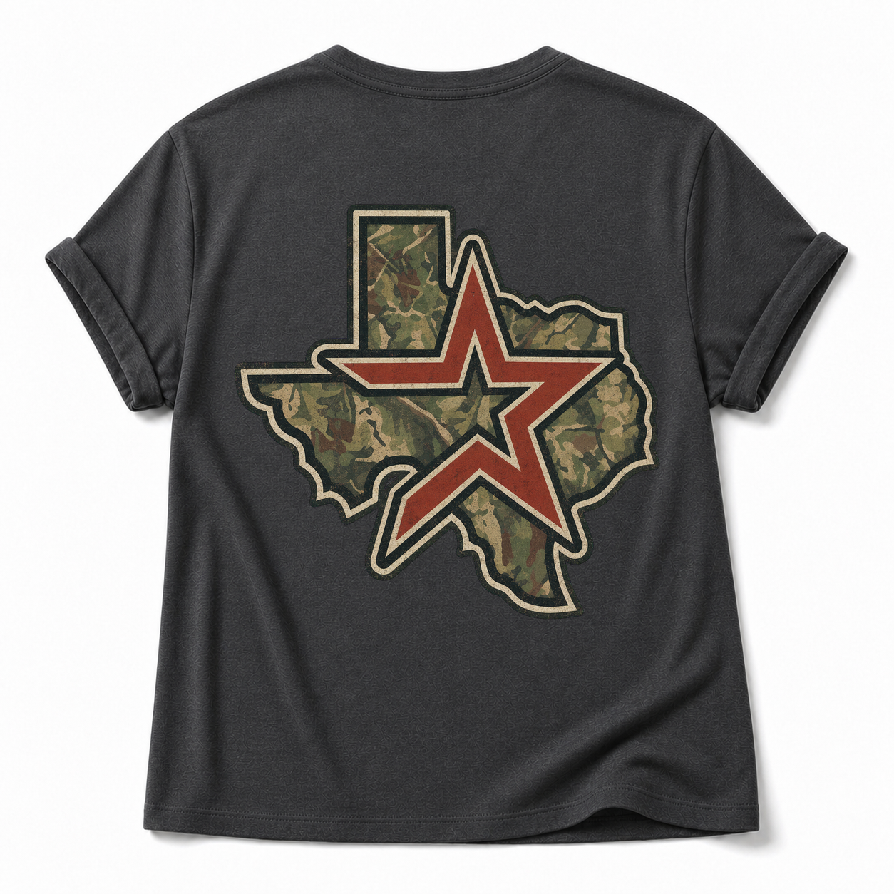Vintage Washed Houston Camo Double-Sided Heavyweight Graphic Tee in Cotton-Spandex V-Neck T-Shirt, Deep Gray, back view