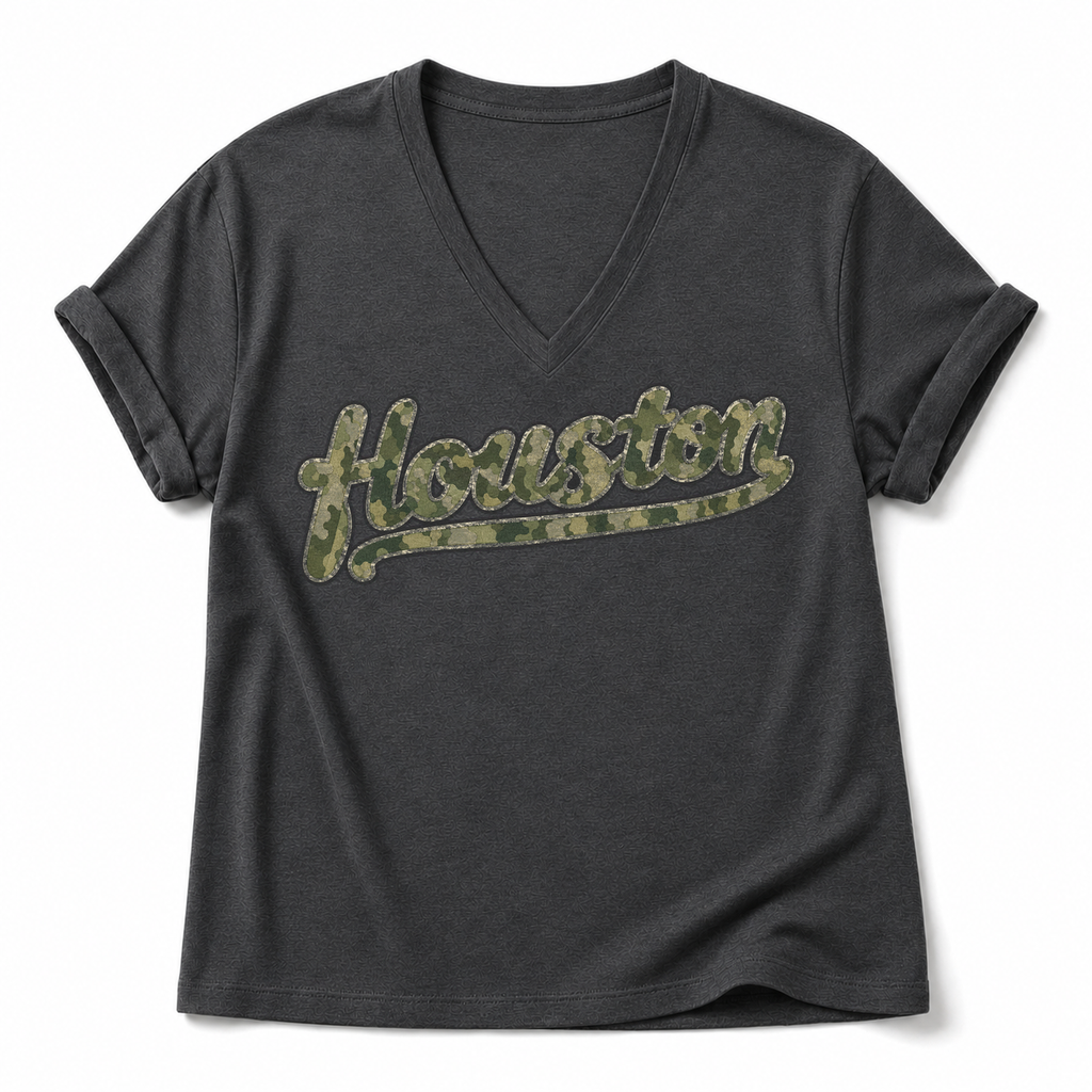 Vintage Washed Houston Camo Double-Sided Heavyweight Graphic Tee in Cotton-Spandex V-Neck T-Shirt, Deep Gray, front view