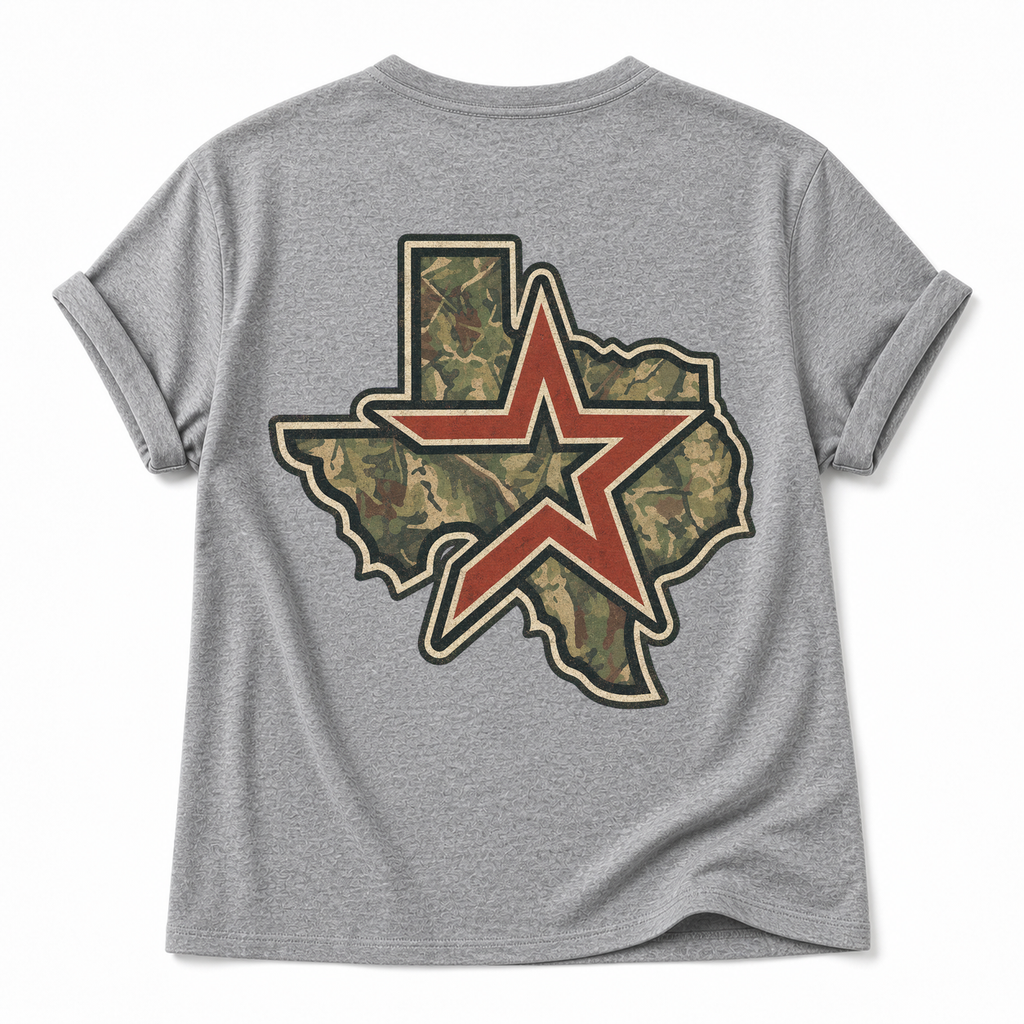 Vintage Washed Houston Camo Double-Sided Heavyweight Graphic Tee in Cotton-Spandex V-Neck T-Shirt, Light Gray, back view