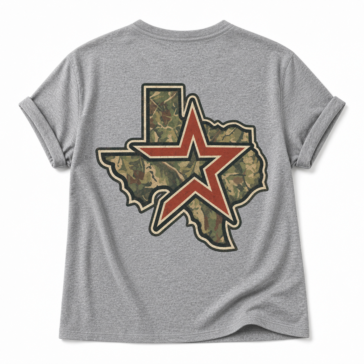 Vintage Washed Houston Camo Double-Sided Heavyweight Graphic Tee in Cotton-Spandex V-Neck T-Shirt, Light Gray, back view