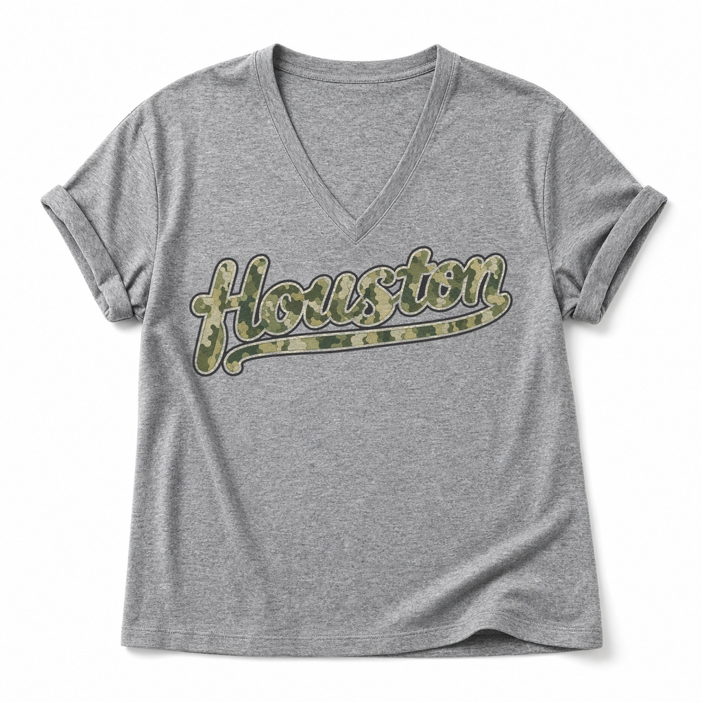 Vintage Washed Houston Camo Double-Sided Heavyweight Graphic Tee in Cotton-Spandex V-Neck T-Shirt, Light Gray, front view