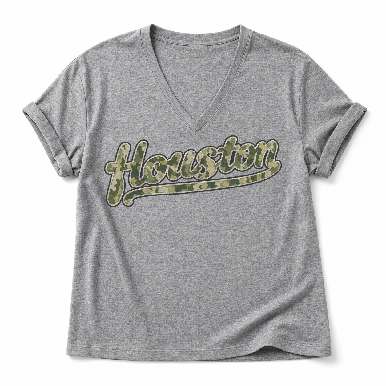Vintage Washed Houston Camo Double-Sided Heavyweight Graphic Tee in Cotton-Spandex V-Neck T-Shirt, Light Gray, front view