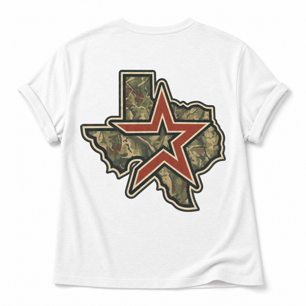 Vintage Washed Houston Camo Double-Sided Heavyweight Graphic Tee in Cotton-Spandex V-Neck T-Shirt, White, back view