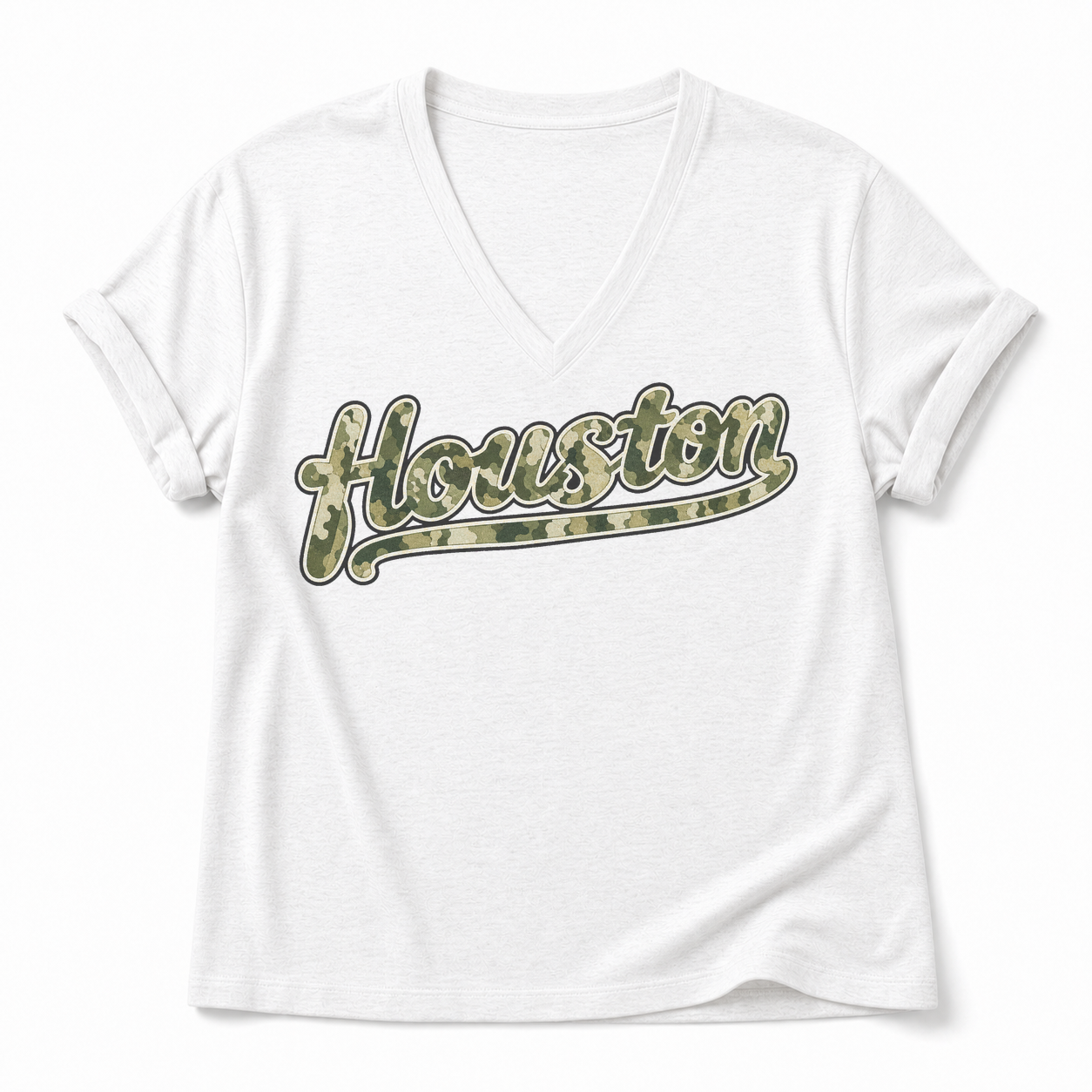 Vintage Washed Houston Camo Double-Sided Heavyweight Graphic Tee in Cotton-Spandex V-Neck T-Shirt, White, front view
