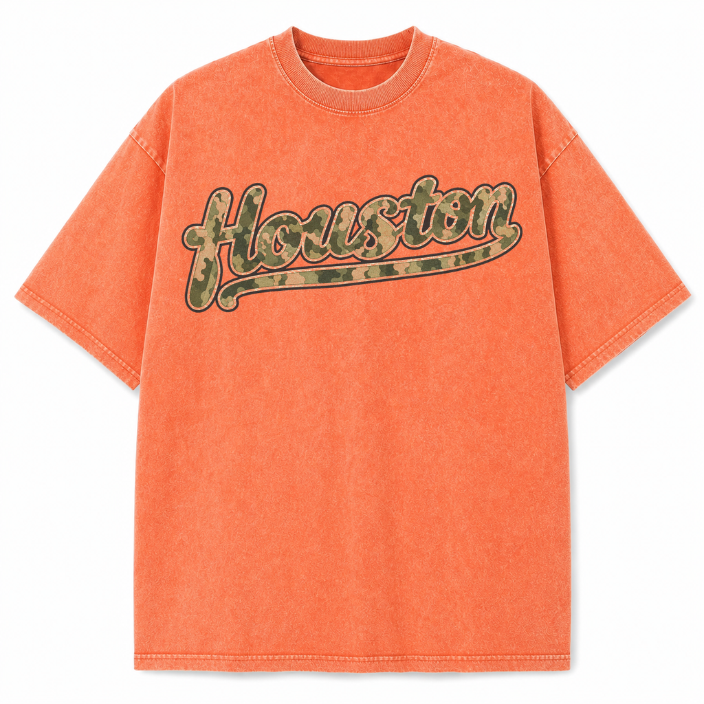 Vintage Washed Houston Camo Double-Sided Heavyweight Graphic Tee in Vintage Washed Heavyweight T-Shirt, Orange, front view