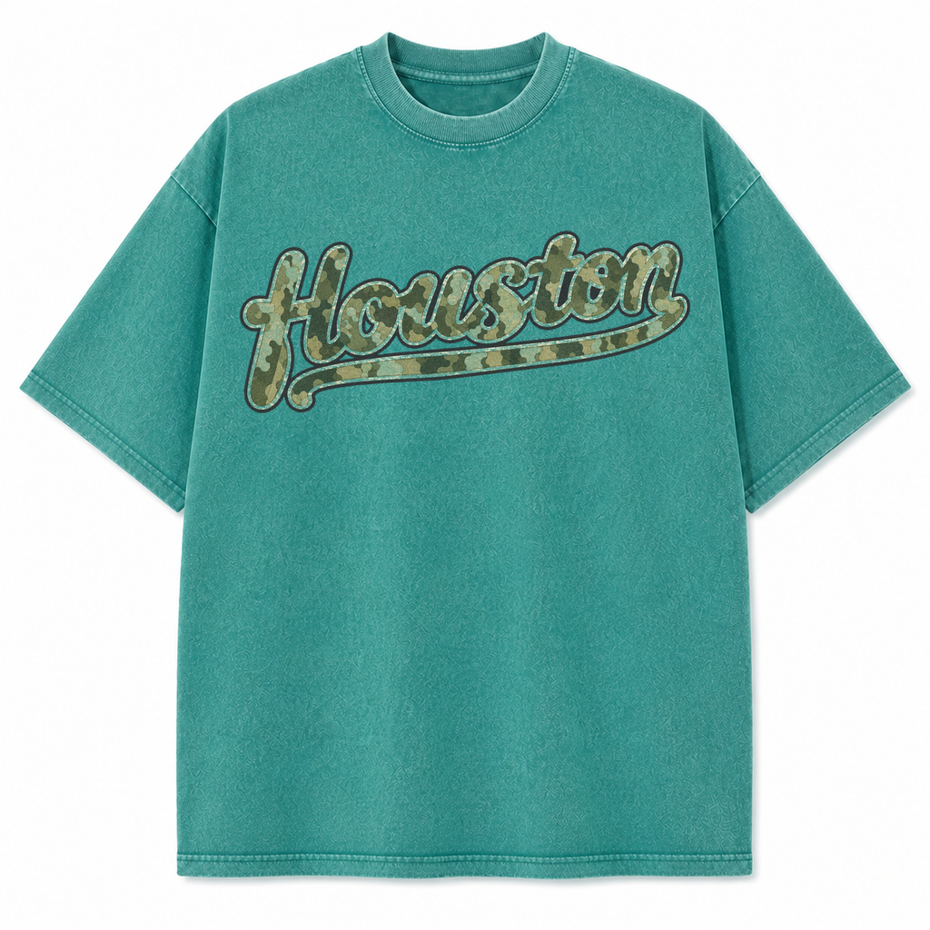 Vintage Washed Houston Camo Double-Sided Heavyweight Graphic Tee in Vintage Washed Heavyweight T-Shirt, Teal, front view